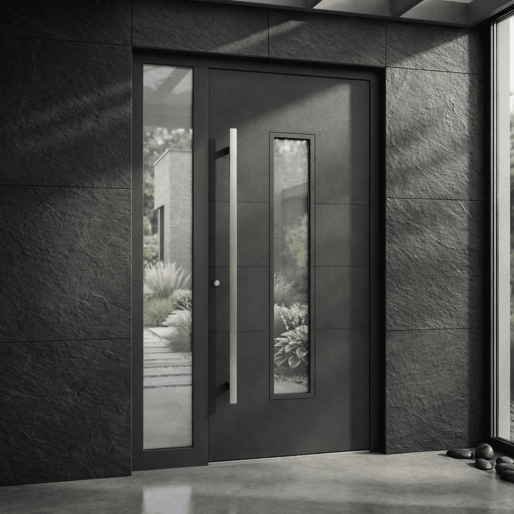 Metron — dark door with vertical glazing