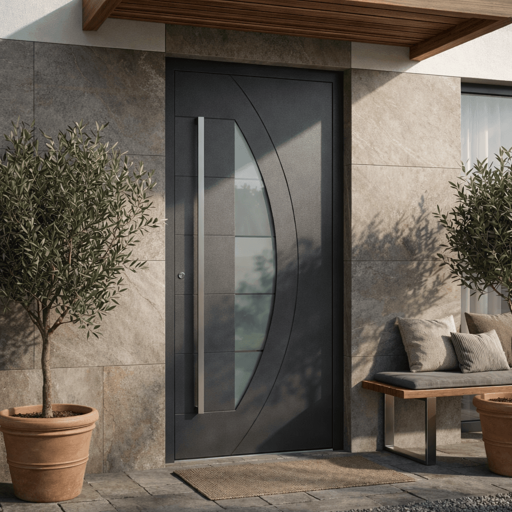 Metron — dark grey door with an arched glass panel